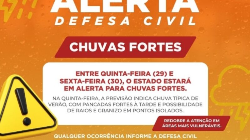 DEFESA CIVIL EMITE ALERTA PARA CHUVAS FORTES NO ESTADO DE SÃO PAULO ENTRE QUINTA E SEXTA-FEIRA