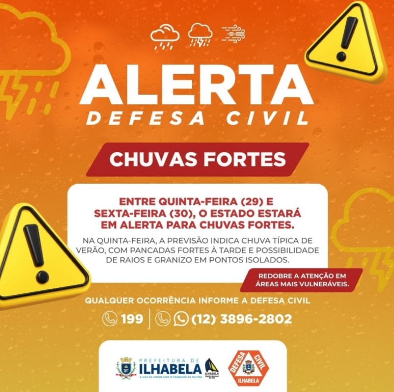 DEFESA CIVIL EMITE ALERTA PARA CHUVAS FORTES NO ESTADO DE SÃO PAULO ENTRE QUINTA E SEXTA-FEIRA